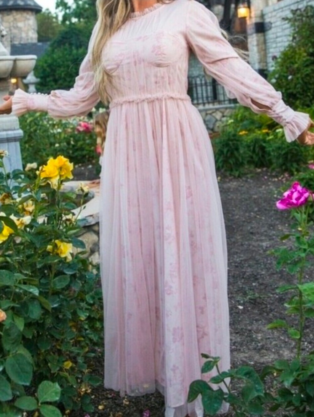 Ivy City Last Songbird Pink Floral Maxi Dress Romantic Coquette Edwardian Size S
